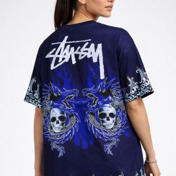 Kadın Oversize Tişört Dragon & Kuru Kafa Baskılı Bisiklet Yaka T-Shirt - Lacivert