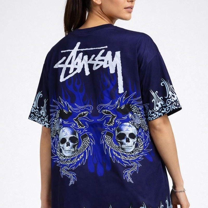Kadın Oversize Tişört Dragon & Kuru Kafa Baskılı Bisiklet Yaka T-Shirt - Lacivert