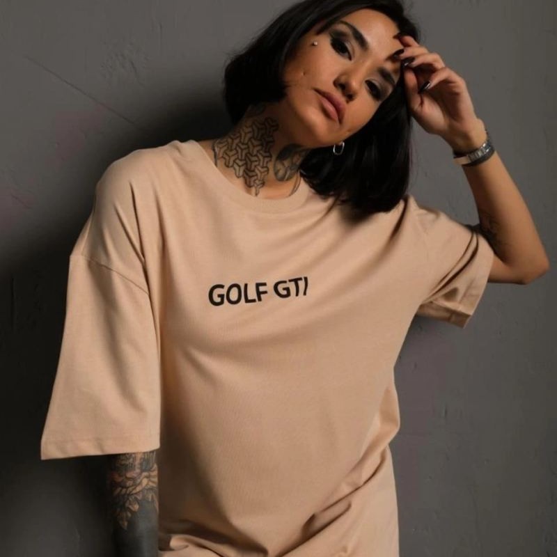 Kadın Oversize Tişört Golf GTI Retro Araba Baskılı T-shirt - Bej