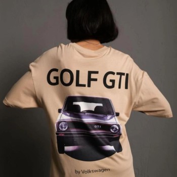 Kadın Oversize Tişört Golf GTI Retro Araba Baskılı T-shirt - Bej