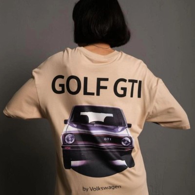 Kadın Oversize Tişört Golf GTI Retro Araba Baskılı T-shirt - Bej