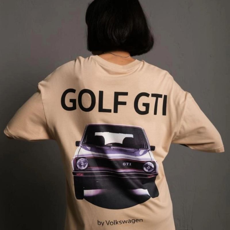 Kadın Oversize Tişört Golf GTI Retro Araba Baskılı T-shirt - Bej
