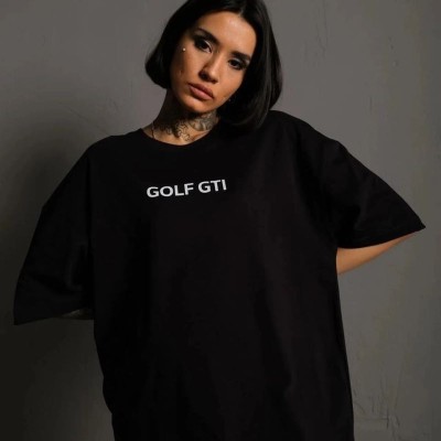 Kadın Oversize Tişört Golf GTI Retro Araba Baskılı T-shirt- Siyah
