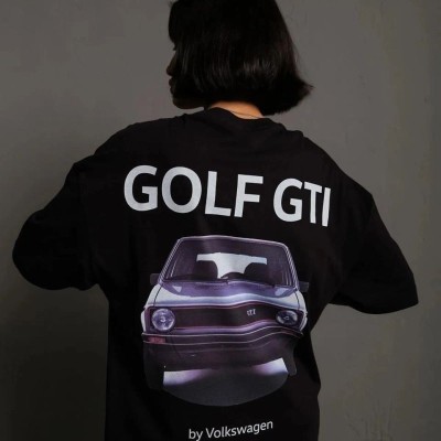 Kadın Oversize Tişört Golf GTI Retro Araba Baskılı T-shirt- Siyah