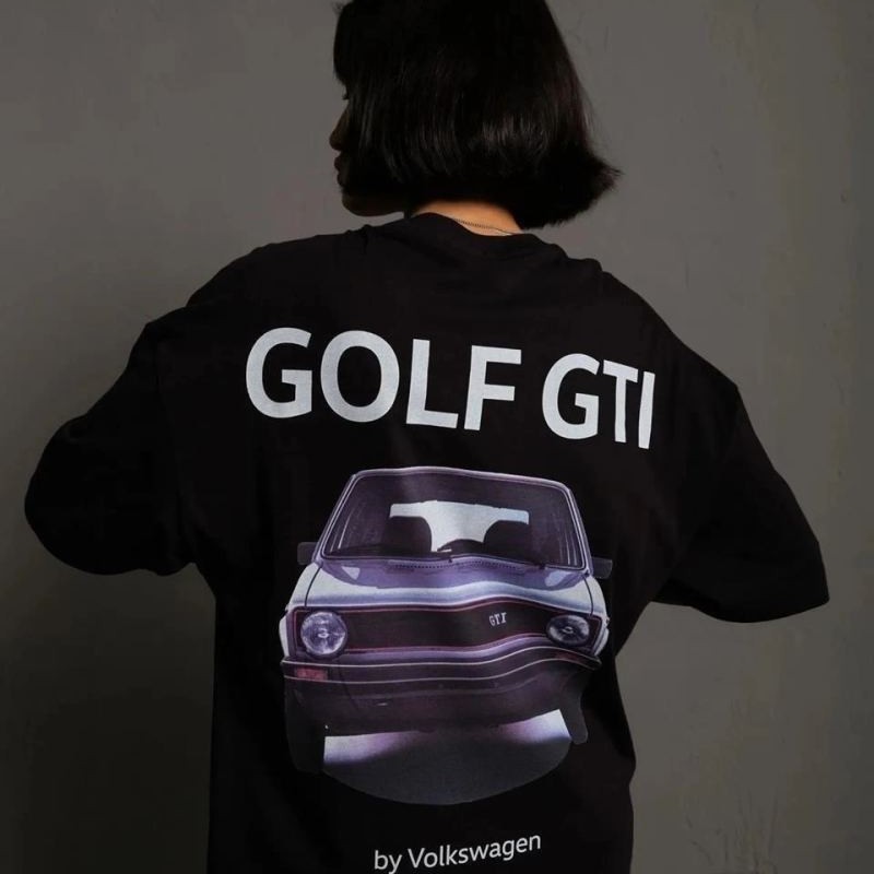 Kadın Oversize Tişört Golf GTI Retro Araba Baskılı T-shirt- Siyah