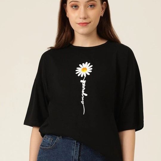 Kadın Papatya Baskılı T-Shirt Kısa Kol Bisiklet Yaka Oversize  Tişört - Siyah