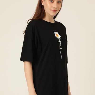 Kadın Papatya Baskılı T-Shirt Kısa Kol Bisiklet Yaka Oversize  Tişört - Siyah
