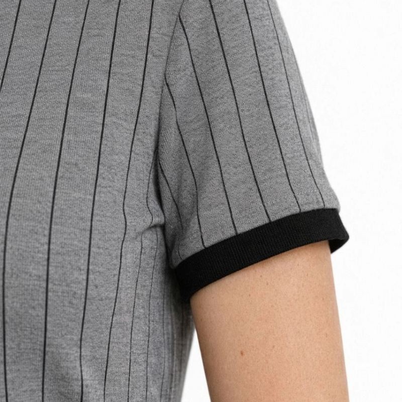 Kadın Polo Yaka Çizgili Tişört Kısa Kol Düğmeli Yazlık T-Shirt - Gri