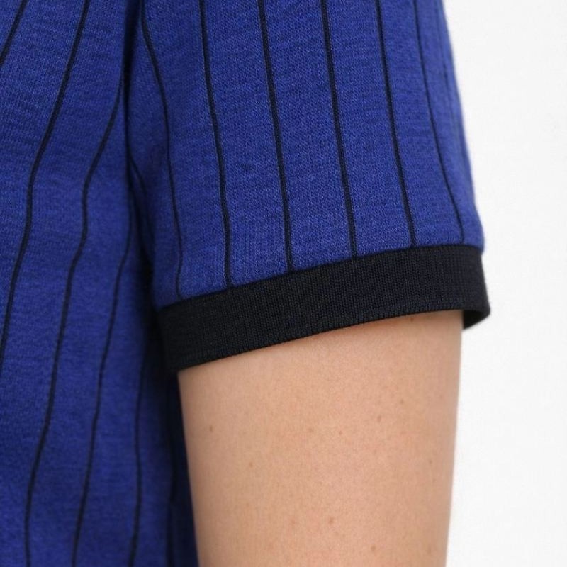 Kadın Polo Yaka Çizgili Tişört Kısa Kol Düğmeli Yazlık T-Shirt - Saks Mavisi