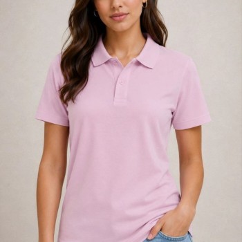 Kadın Polo Yaka Pike Kumaş Düğmeli Basic Tişört Günlük Rahat - Pembe