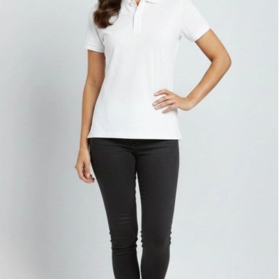 Kadın Polo Yaka Tişört Pike Kumaş Kısa Kol Regular Fit Yazlık T-Shirt - Beyaz