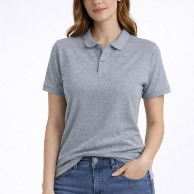 Kadın Polo Yaka Tişört Pike Kumaş Kısa Kol Regular Fit Yazlık T-Shirt - Gri