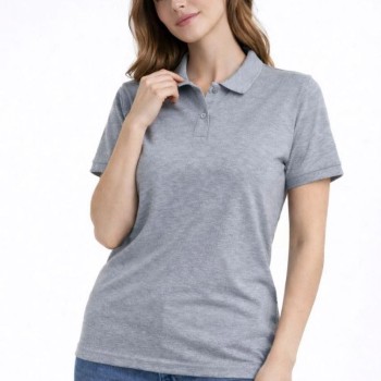 Kadın Polo Yaka Tişört Pike Kumaş Kısa Kol Regular Fit Yazlık T-Shirt - Gri
