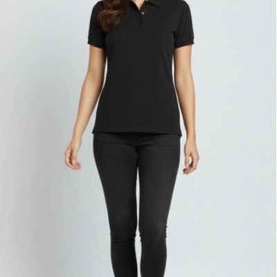 Kadın Polo Yaka Tişört Pike Kumaş Kısa Kol Regular Fit Yazlık T-Shirt - Siyah