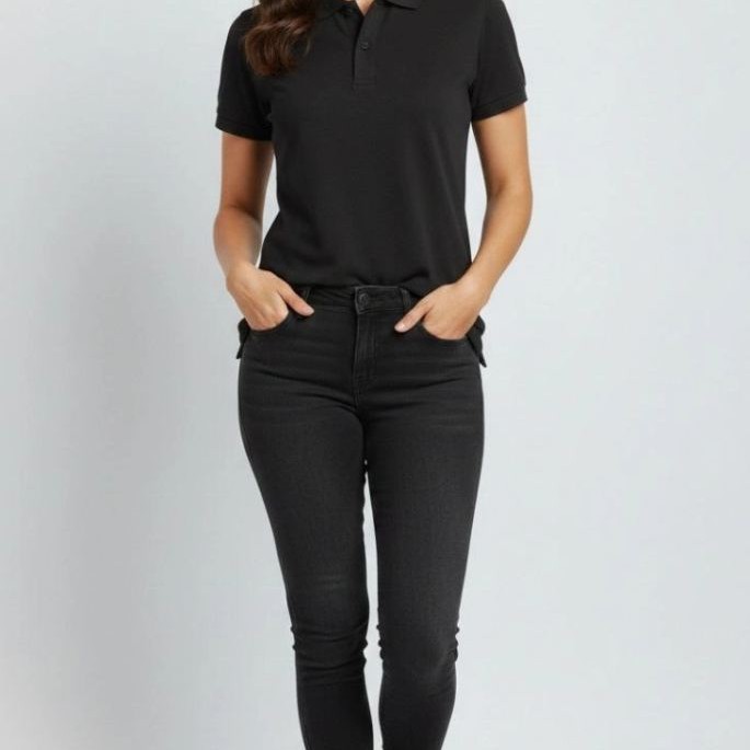Kadın Polo Yaka Tişört Pike Kumaş Kısa Kol Regular Fit Yazlık T-Shirt - Siyah