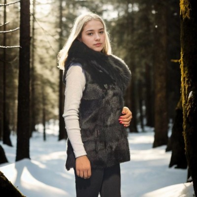 Kadın Premium Doğal Kürk Kolsuz Kapüşonlu Yelek - Siyah