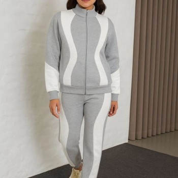 Kadın Premium Parçalı Eşofman Alt-Üst Takım - Dik Yaka Fermuarlı Sweatshirt - Gri