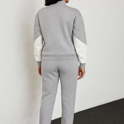 Kadın Premium Parçalı Eşofman Alt-Üst Takım - Dik Yaka Fermuarlı Sweatshirt - Gri