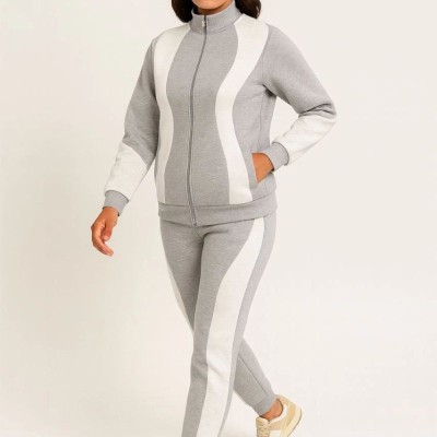 Kadın Premium Parçalı Eşofman Alt-Üst Takım - Dik Yaka Fermuarlı Sweatshirt - Gri