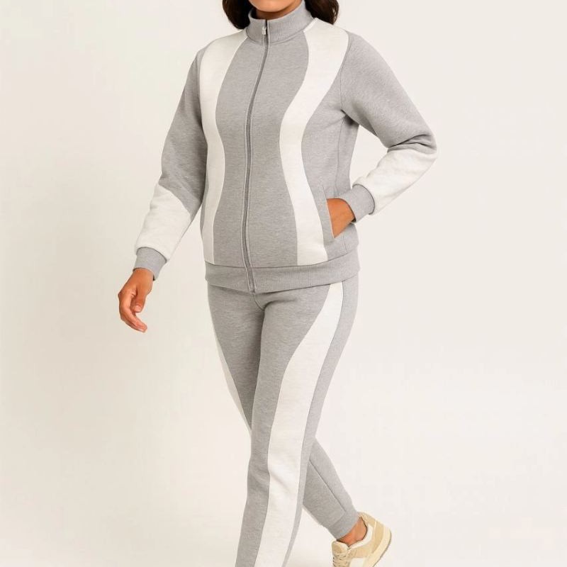 Kadın Premium Parçalı Eşofman Alt-Üst Takım - Dik Yaka Fermuarlı Sweatshirt - Gri