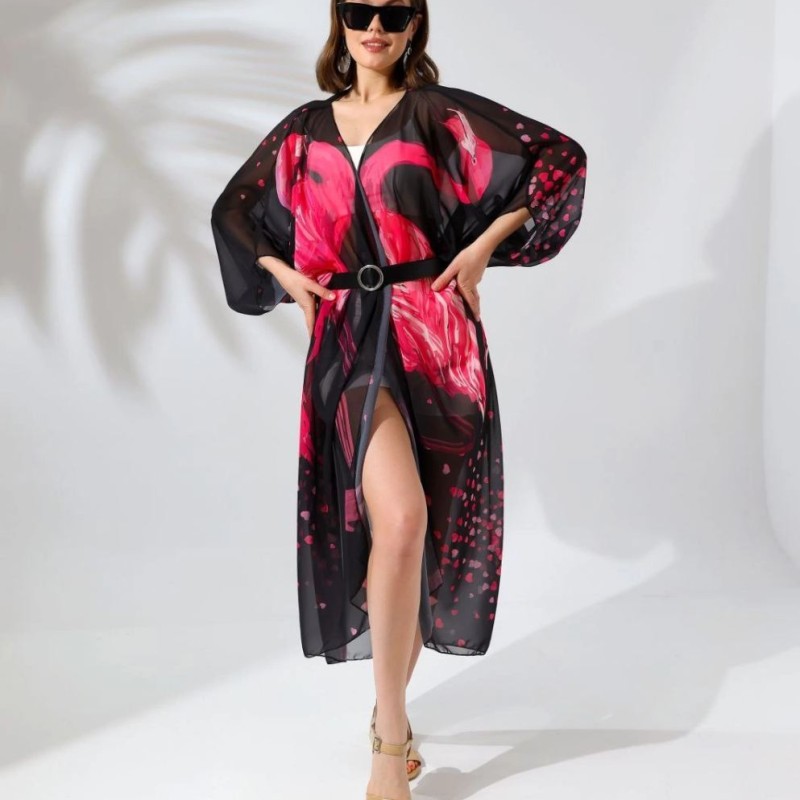 Kadın Rahat Kesim Şifon Kimono - Siyah