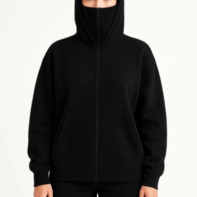 Kadın Samuray Ninja Çift Kapüşonlu Maske Detaylı 3 İplik Hoodie - Siyah