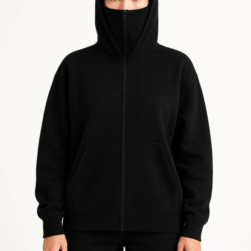 Kadın Samuray Ninja Çift Kapüşonlu Maske Detaylı 3 İplik Hoodie - Siyah