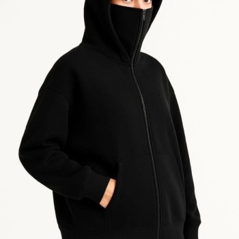 Kadın Samuray Ninja Çift Kapüşonlu Maske Detaylı 3 İplik Hoodie - Siyah