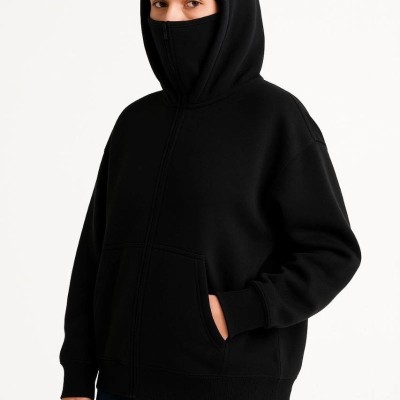 Kadın Samuray Ninja Çift Kapüşonlu Maske Detaylı 3 İplik Hoodie - Siyah