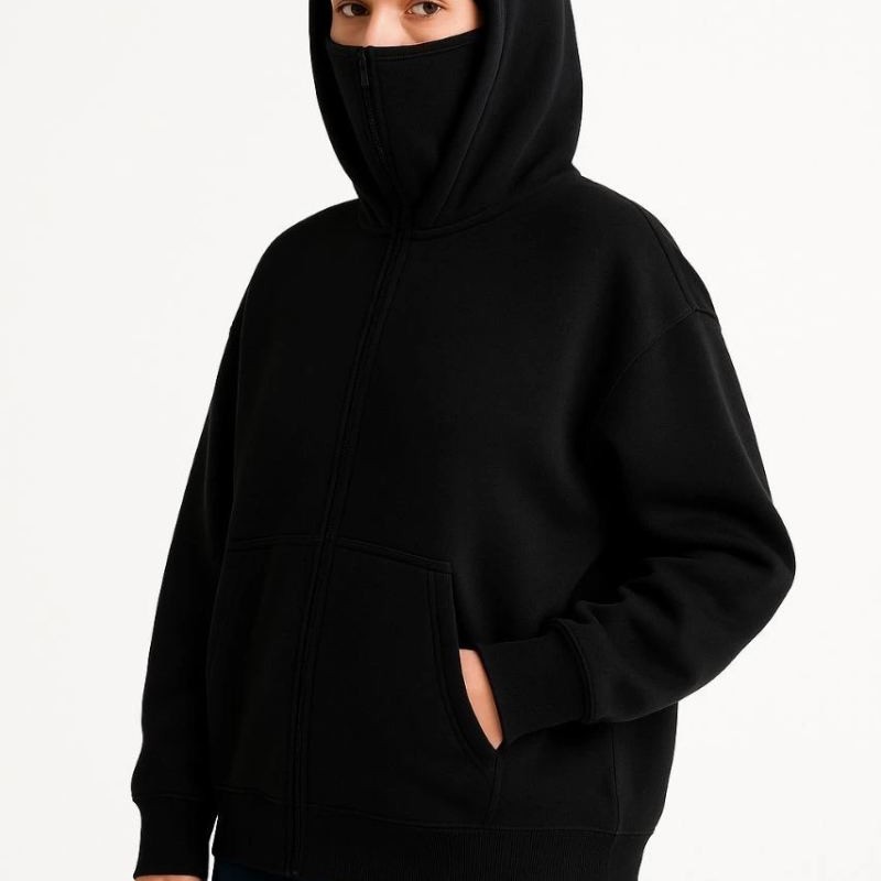 Kadın Samuray Ninja Çift Kapüşonlu Maske Detaylı 3 İplik Hoodie - Siyah