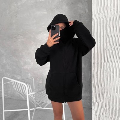 Kadın Samuray Ninja Çift Kapüşonlu Maske Detaylı 3 İplik Hoodie - Siyah