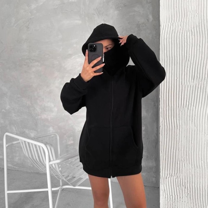 Kadın Samuray Ninja Çift Kapüşonlu Maske Detaylı 3 İplik Hoodie - Siyah