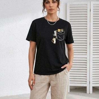 Kadın Sevimli Kedi Cep Baskılı Tişört Kısa Kol Yazlık T-Shirt - Siyah