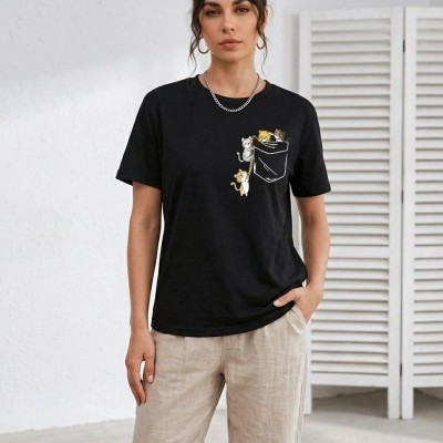 Kadın Sevimli Kedi Cep Baskılı Tişört Kısa Kol Yazlık T-Shirt - Siyah