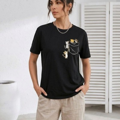 Kadın Sevimli Kedi Cep Baskılı Tişört Kısa Kol Yazlık T-Shirt - Siyah