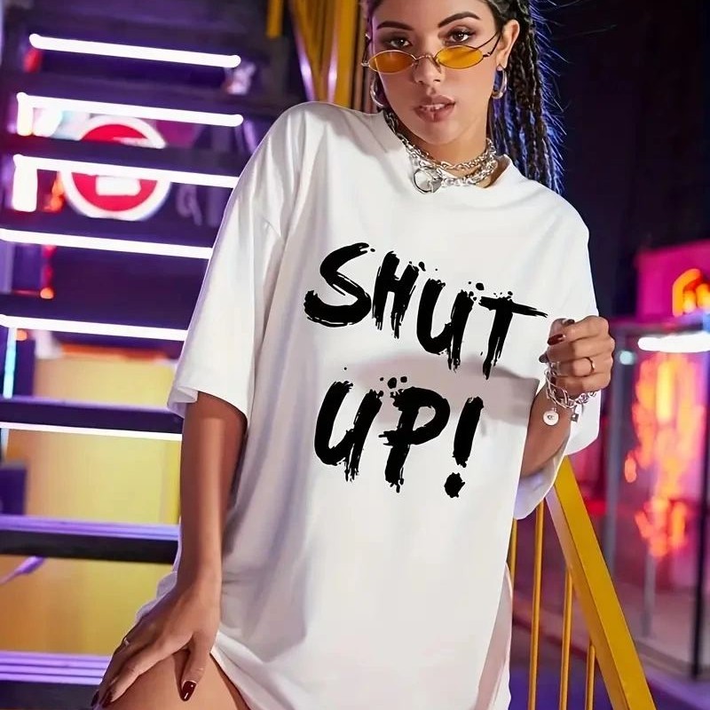 Kadın Shut Up Baskılı Tişört Kısa Kol Bisiklet Yaka Oversize T-Shirt - Beyaz