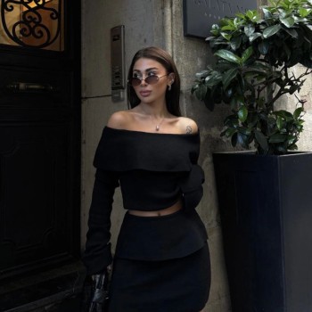 Kadın Straplez , Madonna , Carmen Yaka Croplu Mini Etekli ikili Alt-Üst Takım Triko - Siyah