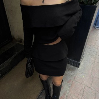 Kadın Straplez , Madonna , Carmen Yaka Croplu Mini Etekli ikili Alt-Üst Takım Triko - Siyah