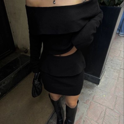 Kadın Straplez , Madonna , Carmen Yaka Croplu Mini Etekli ikili Alt-Üst Takım Triko - Siyah