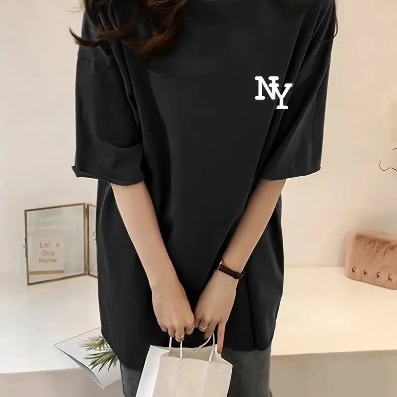 Kadın T-shirt Bisiklet yaka  NY Baskılı kısa kol Tişört - Siyah