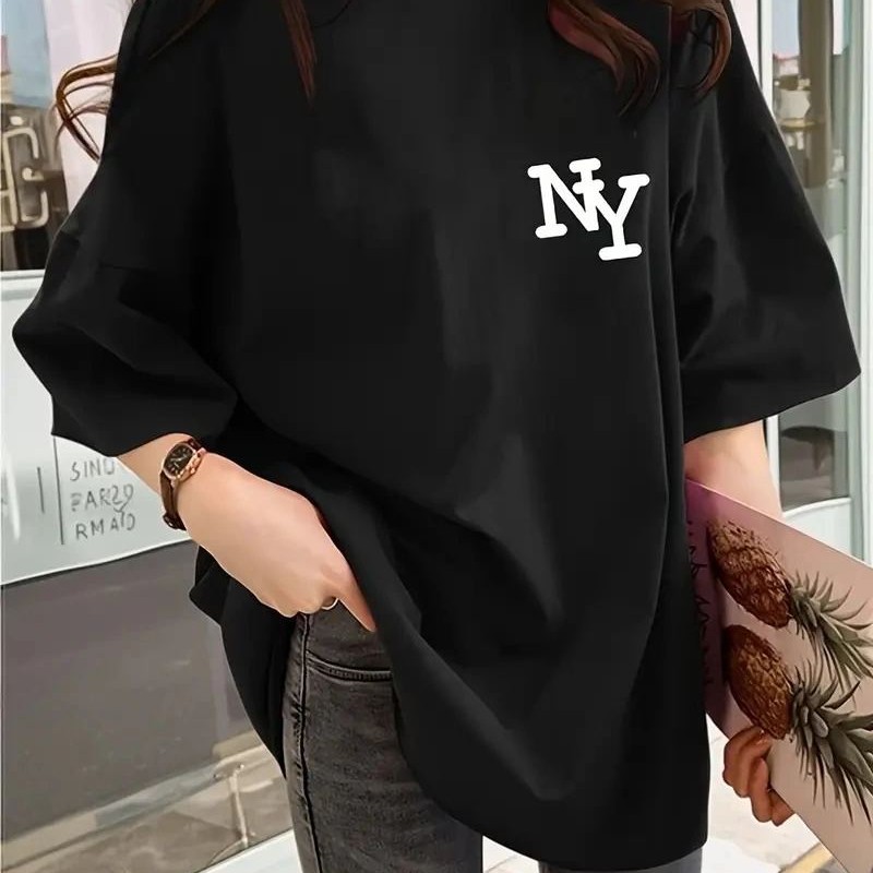Kadın T-shirt Bisiklet yaka  NY Baskılı kısa kol Tişört - Siyah