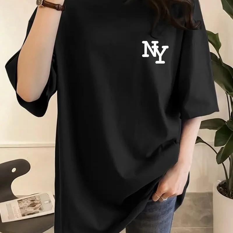 Kadın T-shirt Bisiklet yaka  NY Baskılı kısa kol Tişört - Siyah