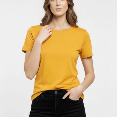 Kadın T-Shirt Bisiklet Yaka Slim Fit Likralı Tişört Yazlık Basic Body - Sarı