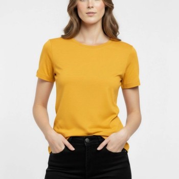 Kadın T-Shirt Bisiklet Yaka Slim Fit Likralı Tişört Yazlık Basic Body - Sarı