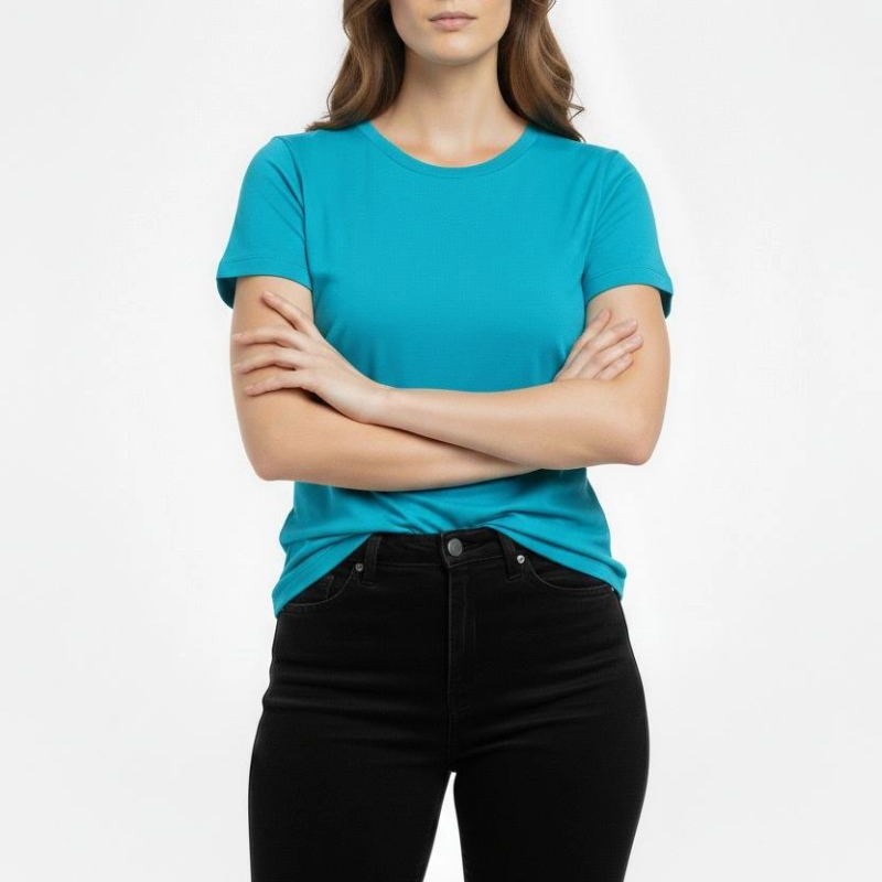 Kadın T-Shirt Bisiklet Yaka Slim Fit Likralı Tişört Yazlık Basic Body - Turkuvaz