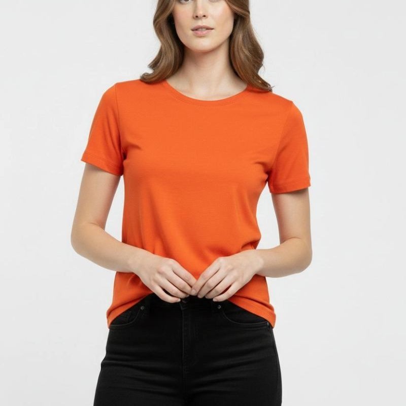 Kadın T-Shirt Bisiklet Yaka Slim Fit Likralı Tişört Yazlık Basic Body - Turuncu