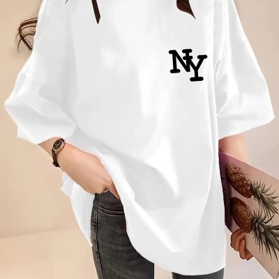 Kadın T-shirt Eğlenceli Harf NY Baskılı Bisiklet Yaka Tişört - Beyaz