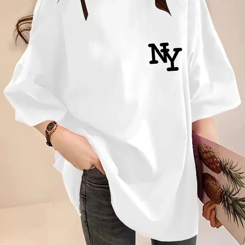 Kadın T-shirt Eğlenceli Harf NY Baskılı Bisiklet Yaka Tişört - Beyaz