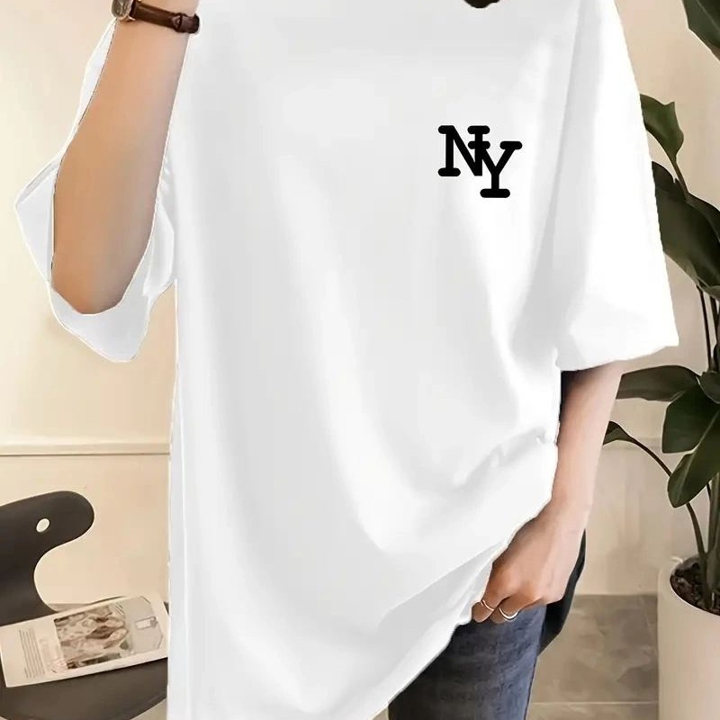 Kadın T-shirt Eğlenceli Harf NY Baskılı Bisiklet Yaka Tişört - Beyaz