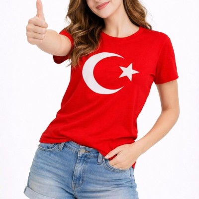 Kadın T-Shirt Kısa Kol Bisiklet Yaka Ay Yıldız Bayrak Baskılı Tişört - Kırmızı